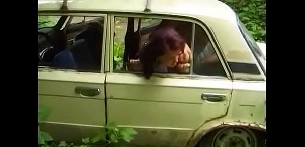  Russian couple is fucked by car in the woods